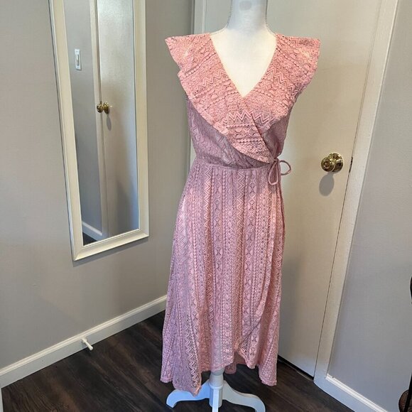 Aqua Pink Lace Hi Low Faux Wrap Dress, Size Small - Picture 2 of 16